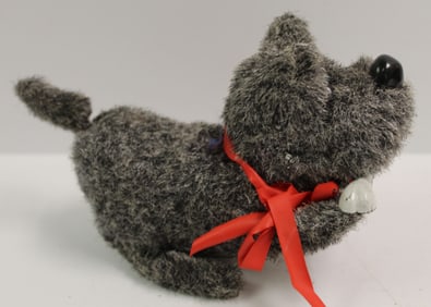 Gray furry wind up dog w bone - 4"