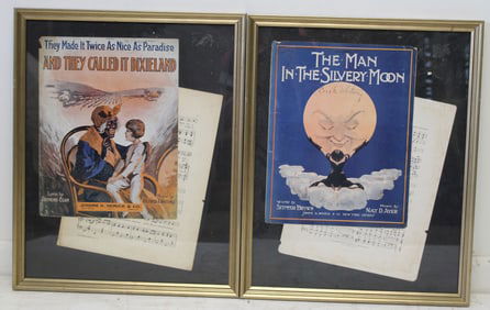 Lot of 2 ca 1900 framed sheet music w great covers - 21 1/4"x17 1/4"