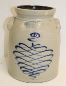 Antique Burger & Co Rochester, NY 2 gal stoneware jar w cobalt dec - 11"x7"