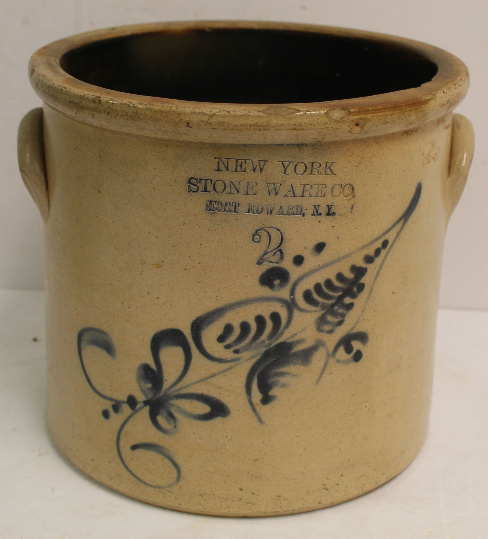 Antique NY Stoneware Co Fort Howard, NY 2 gal stoneware crock w cobalt dec - 9 1/4" x 9 3/4" diam (1 of 8)