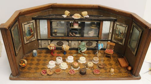 Antique German store diorama w Dresden wallpaper, accessories, etc - 9 1/4" tall x 21"x11"