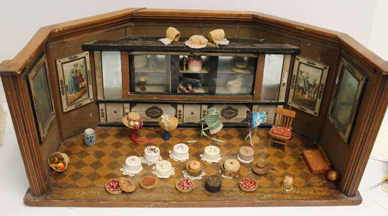 Antique German store diorama w Dresden wallpaper, accessories, etc - 9 1/4" tall x 21"x11": Antique German store diorama w Dresden wallpaper, accessories, etc - 9 1/4" tall x 21"x11"