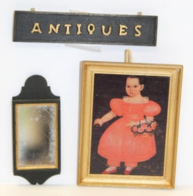 Miniatures lot incl portrait signed on verso Susan Naumann, Antiques sign & QA mirror - 2 3/4"-3"