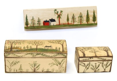 Miniatures lot incl 2 paint dec boxes signed Hastrick & a painting signed Steely - 1 3/4" - 2 3/4"