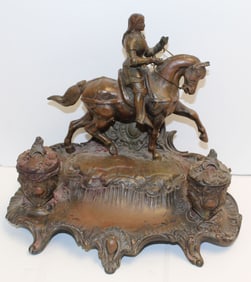 Antique Jeanne d'Arc bronzed metal double inkwell - 9" tall x 10"x6"