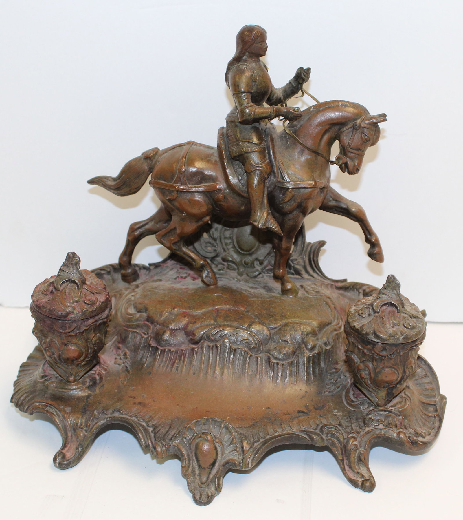 Antique Jeanne d'Arc bronzed metal double inkwell - 9" tall x 10"x6": Antique Jeanne d'Arc bronzed metal double inkwell - 9" tall x 10"x6"