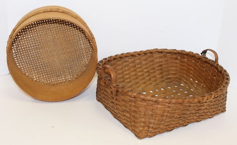 Market basket w ears together w a splint bottom sieve - 5"x12"x12" & 4 1/2"x8 1/2" diam