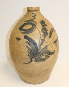 Antique stoneware 3 gal ovoid jug w cobalt dec - 17" tall