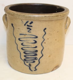 Antique stoneware 1 1/2 gal crock w cobalt tornado dec - 8"x9 1/2" diam