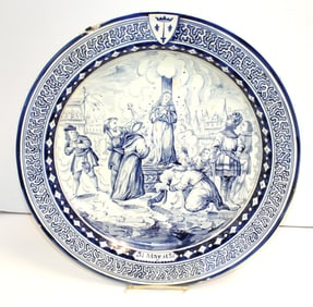 Large blue & white porcelain charger depicting Jeanne d'Arc - 15 1/2" diam