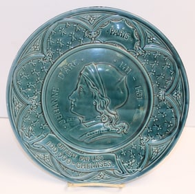 Green ceramic Jeanne d'Arc portrait charger - 8 1/2" diam