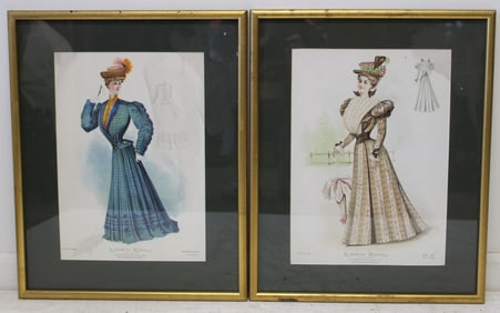 Lot of 2 ca 1900 framed women's fashion prints - 21"x17"