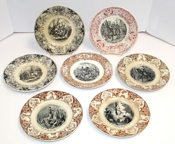 Set of 7 transferware plates depicting Jeanne d'Arc - 8"