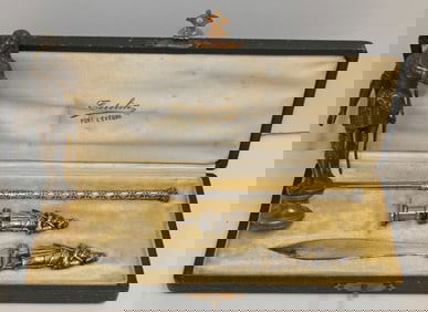 French Jeanne d'Arc motif desk set in orig case plus a Jeanne d'Arc wax seal stamp - 4 1/4" tall