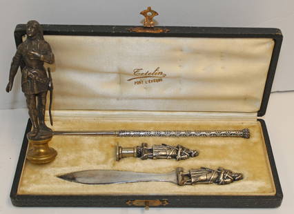 French Jeanne d'Arc motif desk set in orig case plus a Jeanne d'Arc wax seal stamp - 4 1/4" tall: French Jeanne d'Arc motif desk set in orig case plus a Jeanne d'Arc wax seal stamp - 4 1/4" tall seal