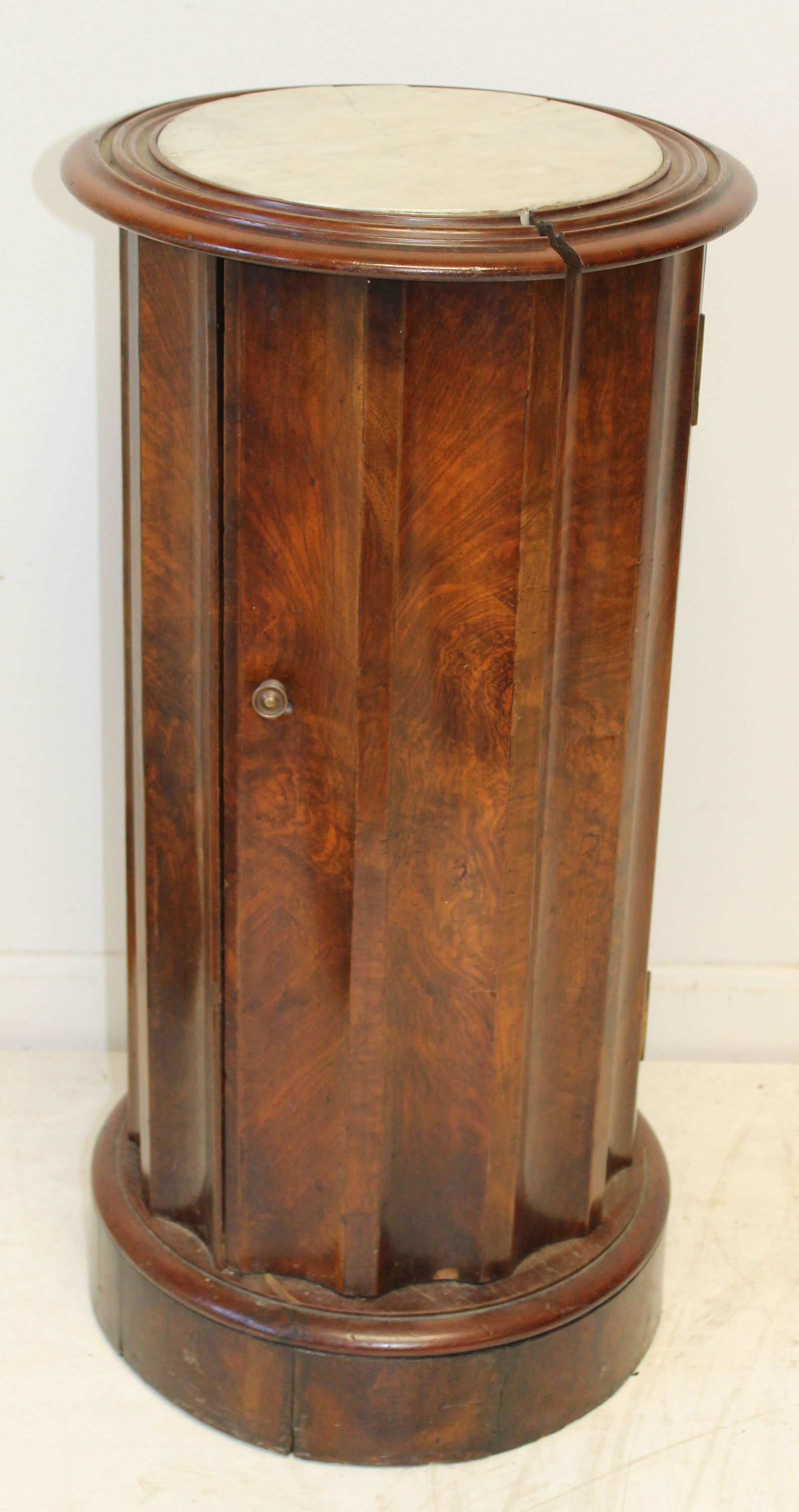 Biedermeier round stand w inset marble top, 1 door & shelf interior - 29"x15" diam (1 of 3)