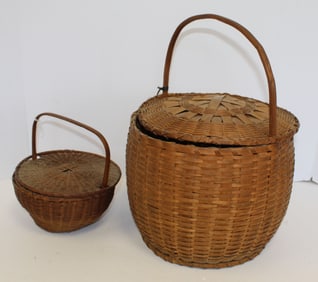 Mary Frazier feather basket ca 1879 together w a miniature feather basket - 15" x 11" diam &