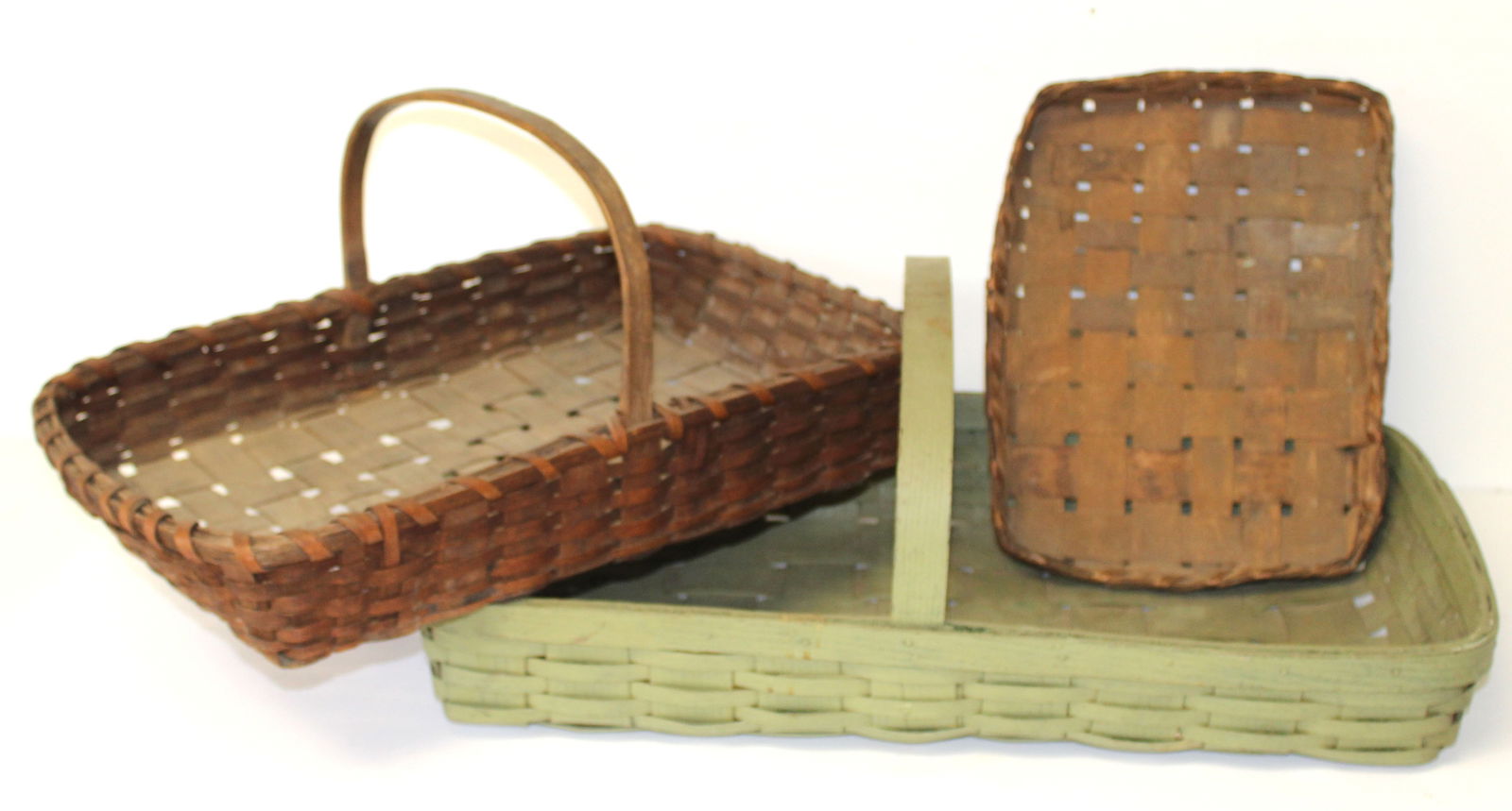 Lot of 3 gathering baskets - 2 w fixed handles - 1 in green 9 1/2"x25 1/2"x13 1/2" tall, 9 (1 of 6)