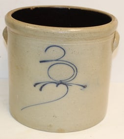 Antique stoneware 3 gal crock w fancy 3 cobalt dec - 10"x11" diam