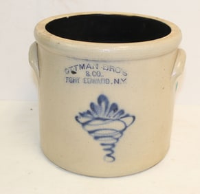 Ottman Bros & Co Fort Edward, NY stoneware crock w cobalt dec - 7 1/2"x8" diam