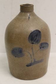 Antique stoneware jug w cobalt tulip dec - 12" tall