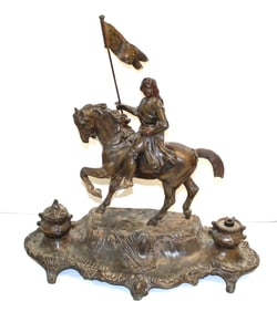 Antique Jeanne d'Arc on horseback sculptural double inkwell - 17"x16"x8"