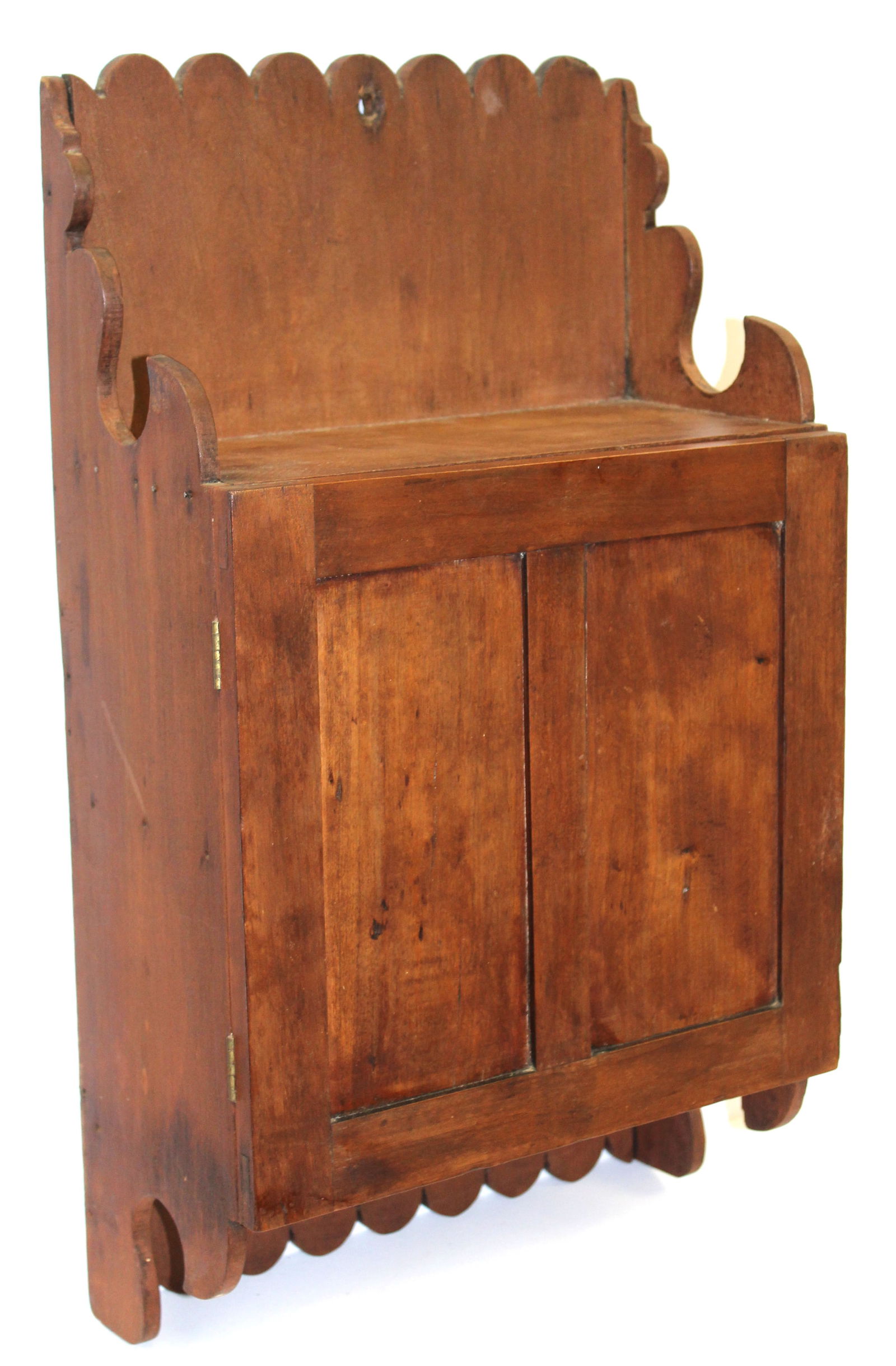 Small 1 door hanging wall shelf w divided shelf interior & scalloped top & bottom - 21"x12"x6" (1 of 5)