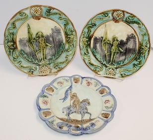 Lot of 3 Majolica Jeanne d'Arc antique plates - 8 1/2" diam