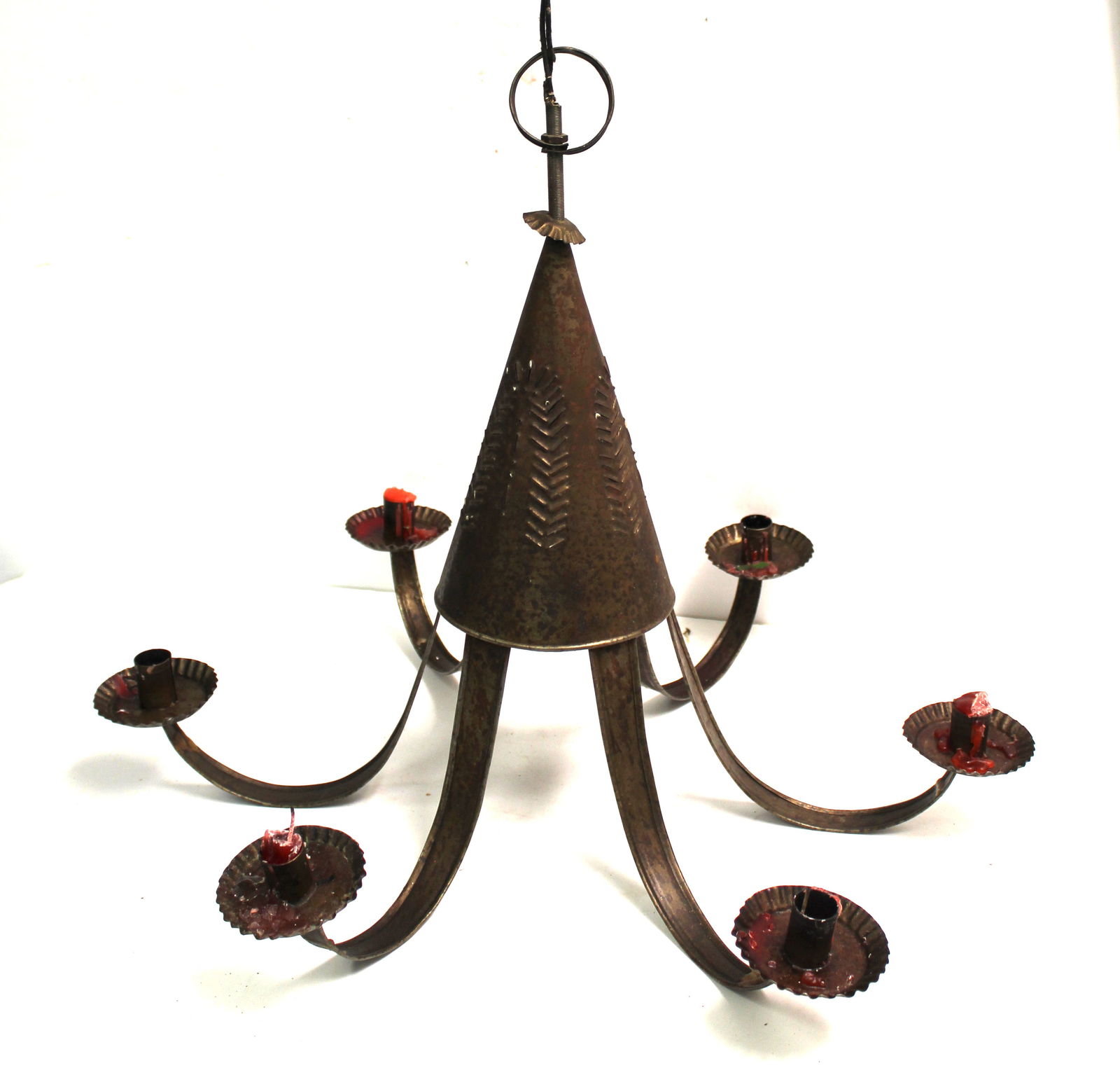 Antique style electrified punched tin candle chandelier w 6 arms - 20" tall x 24" diam (1 of 4)