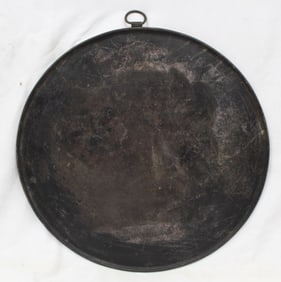Large round sheet iron charger/platter w punched initials & wall hanging loop - 22" diam