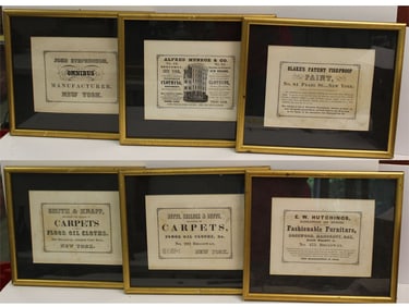 Group of 6 Victorian advertising broadsides in matching frames