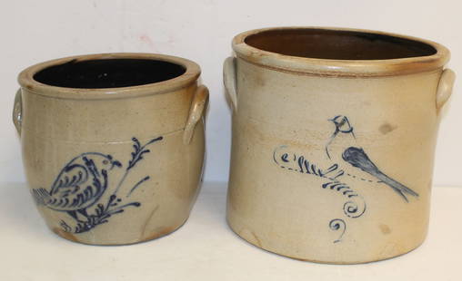 Lot of 2 antique stoneware crocks w cobalt bird dec - a 1 gal ovoid & a 2 gal - both as found: Lot of 2 antique stoneware crocks w cobalt bird dec - a 1 gal ovoid & a 2 gal - both as found