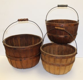 Lot of 3 antique apple baskets - 11"-14" diam