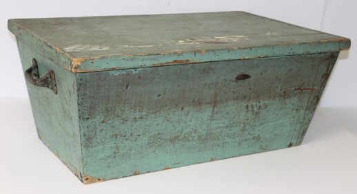 Antique canted dough box w lid & iron handles in green paint - 11 1/2" tall x 27 1/2"x17 1/2"