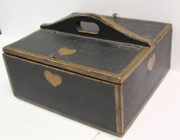 Antique wooden painted cutlery box w lift top lids & heart decoration - 8 1/2" tall x 13"x12"