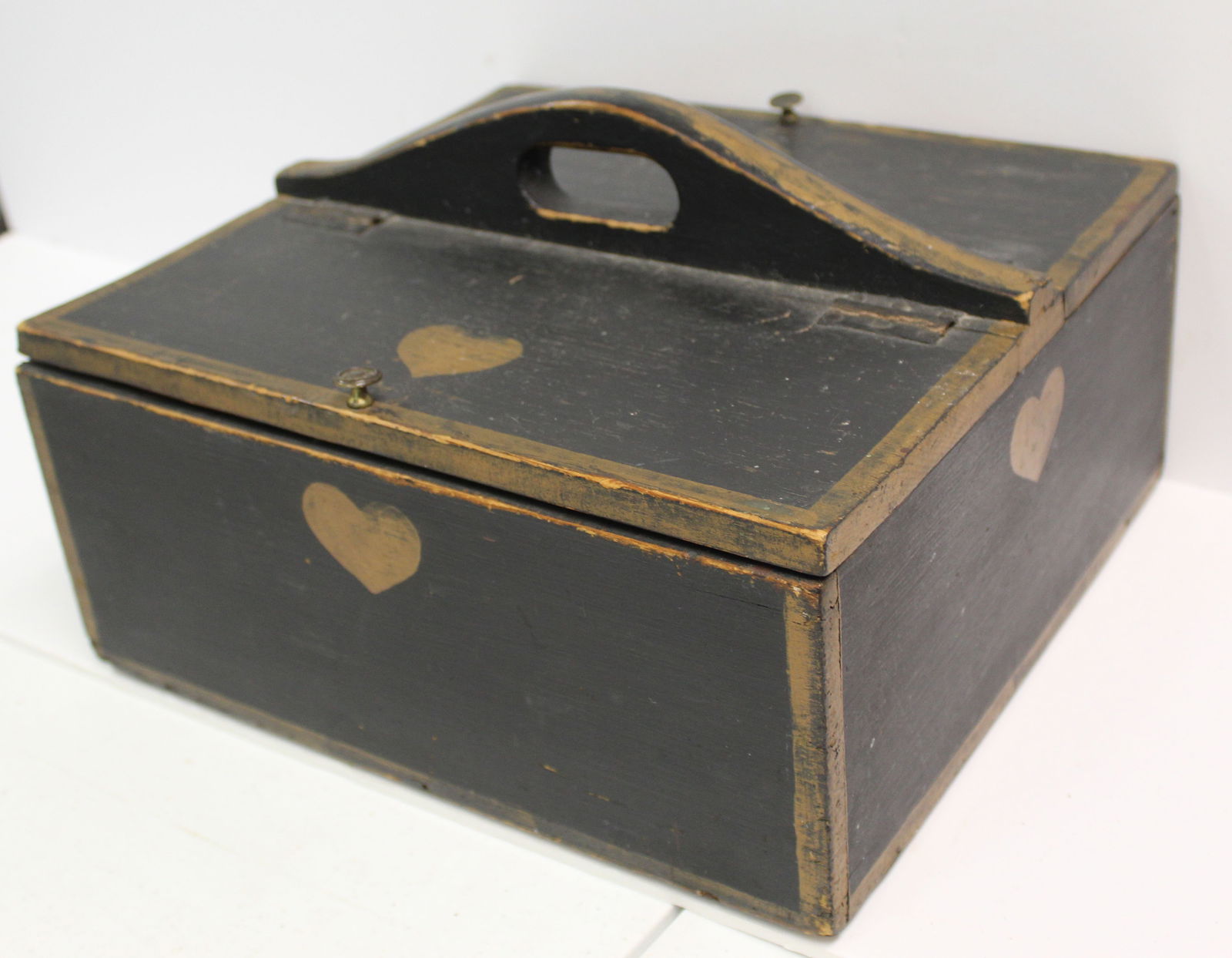 Antique wooden painted cutlery box w lift top lids & heart decoration - 8 1/2" tall x 13"x12" (1 of 6)