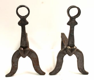 Pair of apprentice made heart motif miniature hand forged andirons - 7" tall x 5 1/2" deep