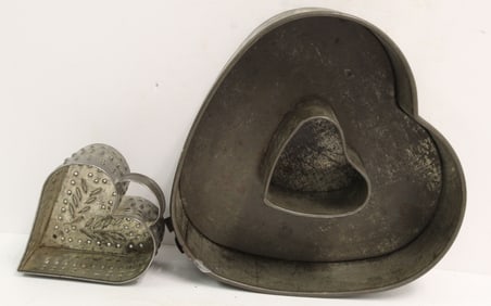 Lot of 2 antique tin heart shaped items incl mold & cheese drain - 3"x9"x9" & 3"x4 1/4"x5 1/4"