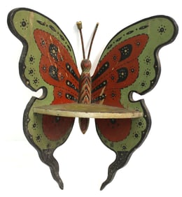 Small wooden painted butterfly corner wall shelf - 12" tall x 10" wide x 5" deep