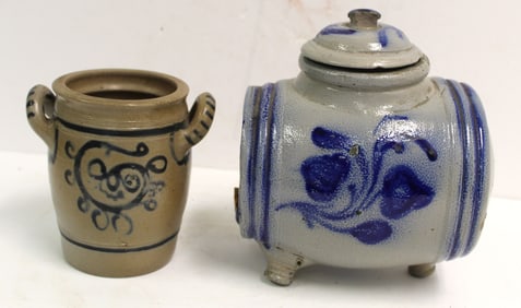 Lot of 2 German stoneware items w cobalt dec - a vinegar & a small crock - 8"x7"x6" & 5 1/2"x4" diam
