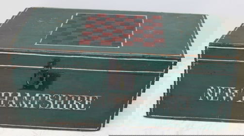 Wooden painted box w gameboard painted top & "New Hampshire" painted on front - 10 1/2" tall x 26