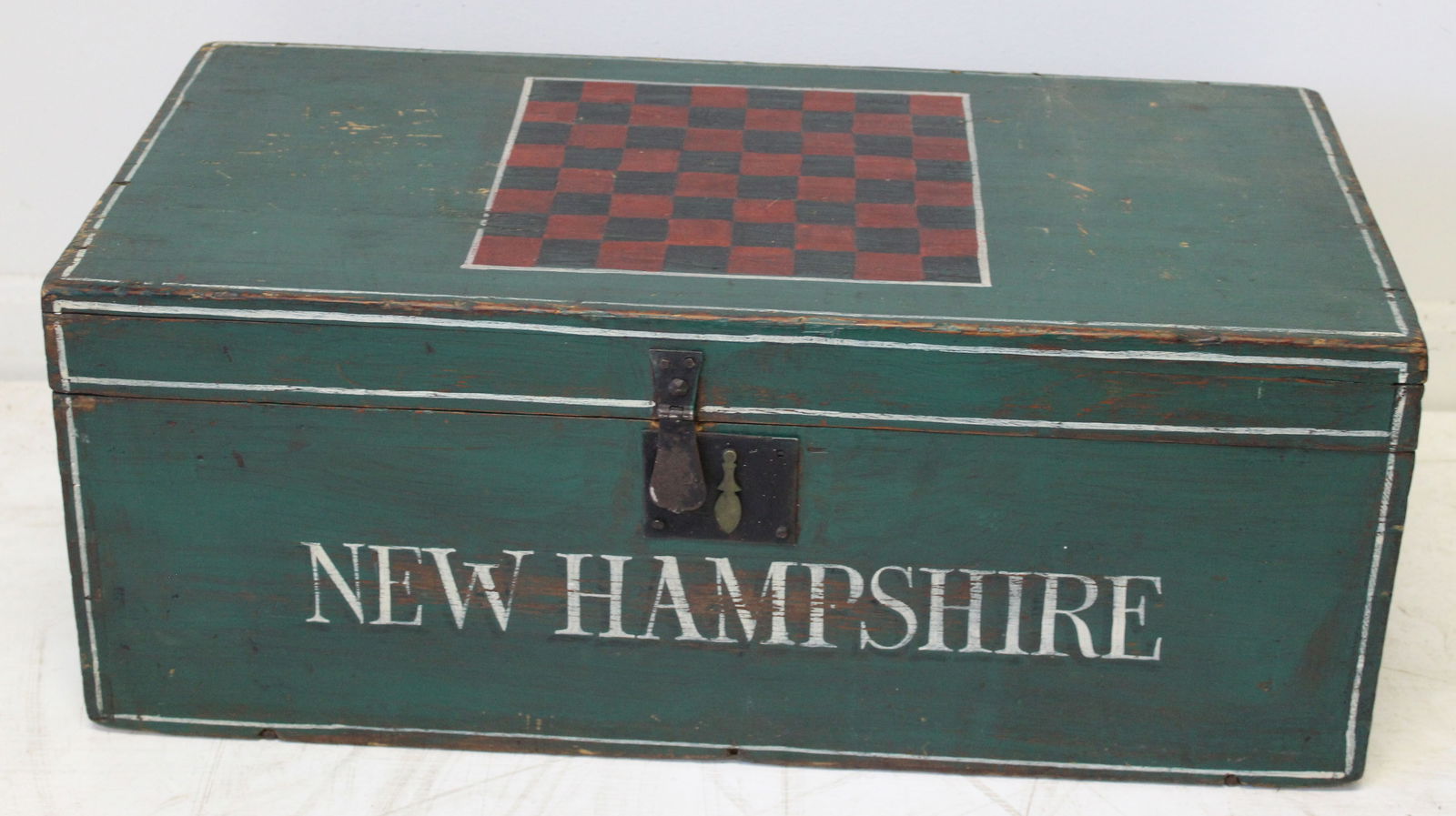 Wooden painted box w gameboard painted top & "New Hampshire" painted on front - 10 1/2" tall x 26 (1 of 7)