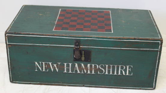 Wooden painted box w gameboard painted top & "New Hampshire" painted on front - 10 1/2" tall x 26: Wooden painted box w gameboard painted top & "New Hampshire" painted on front - 10 1/2" tall x 26 1/2" wide x 13 3/4" deep