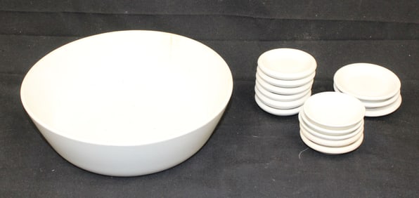 Antique ironstone milk pan together w 14 ironstone butter pats - 9" & 2 1/2" diam