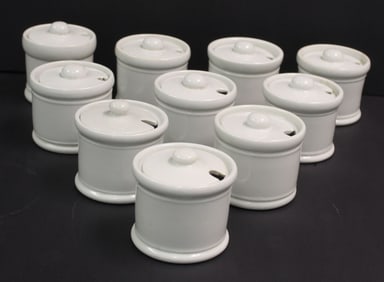 set of 10 United States Quartermaster Corps ironstone condiment containers dated 1940 - 3 1/2" tall