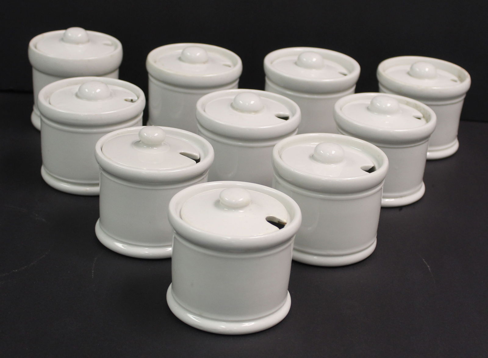 set of 10 United States Quartermaster Corps ironstone condiment containers dated 1940 - 3 1/2" tall (1 of 4)