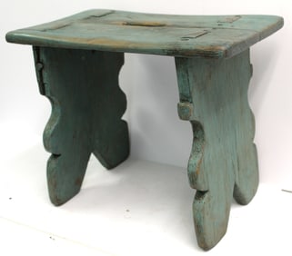 Antique wooden painted blue stool w scrolled sides - 13" tall x 16 1/4"x19 1/4"