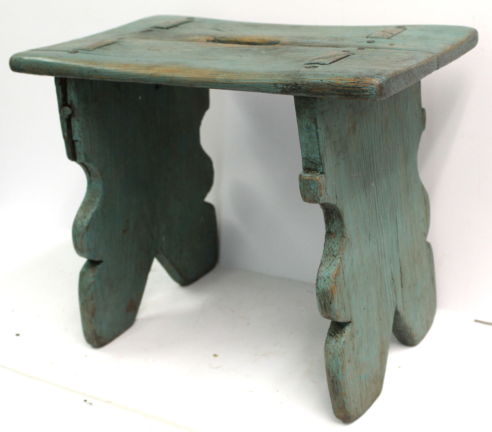 Antique wooden painted blue stool w scrolled sides - 13" tall x 16 1/4"x19 1/4" (1 of 4)