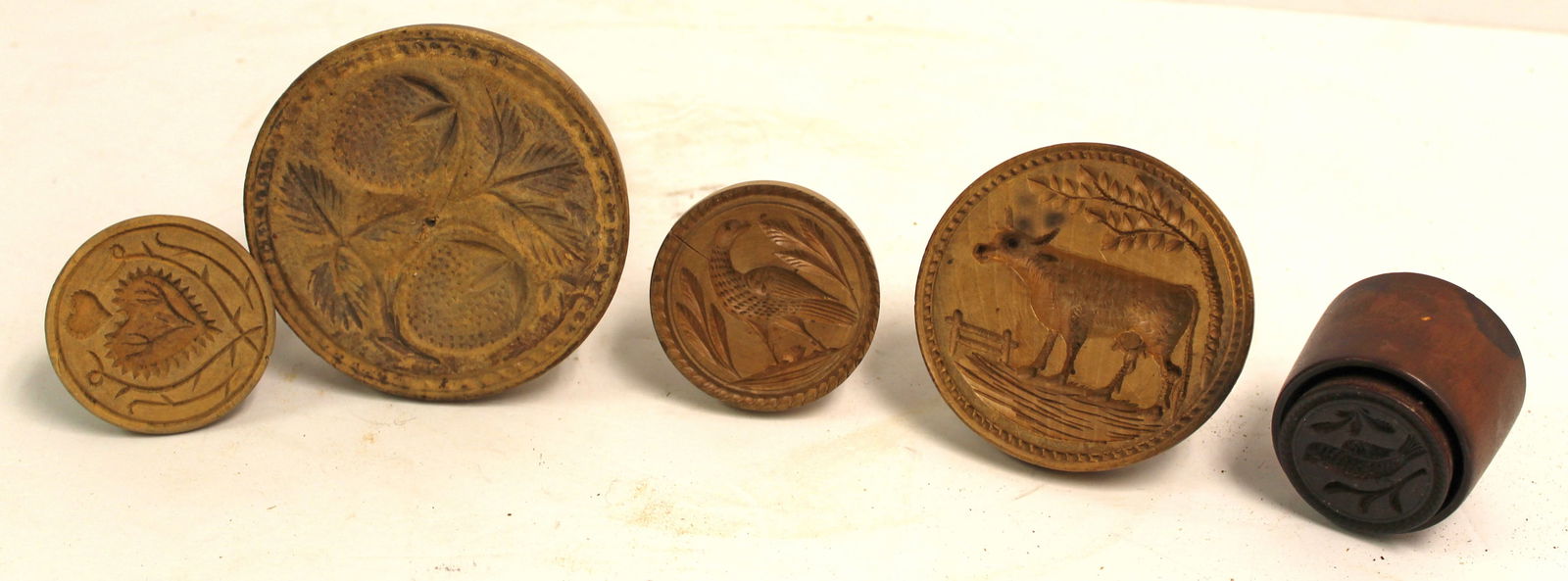 Lot of 5 antique wooden butter stamps - 2 1/4"-4" diam: Lot of 5 antique wooden butter stamps - 2 1/4"-4" diam
