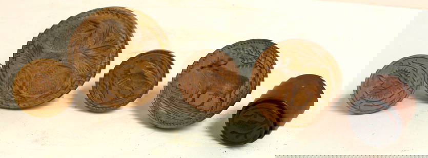 Lot of 5 antique wooden butter stamps - 2 1/4"-4" diam: Lot of 5 antique wooden butter stamps - 2 1/4"-4" diam